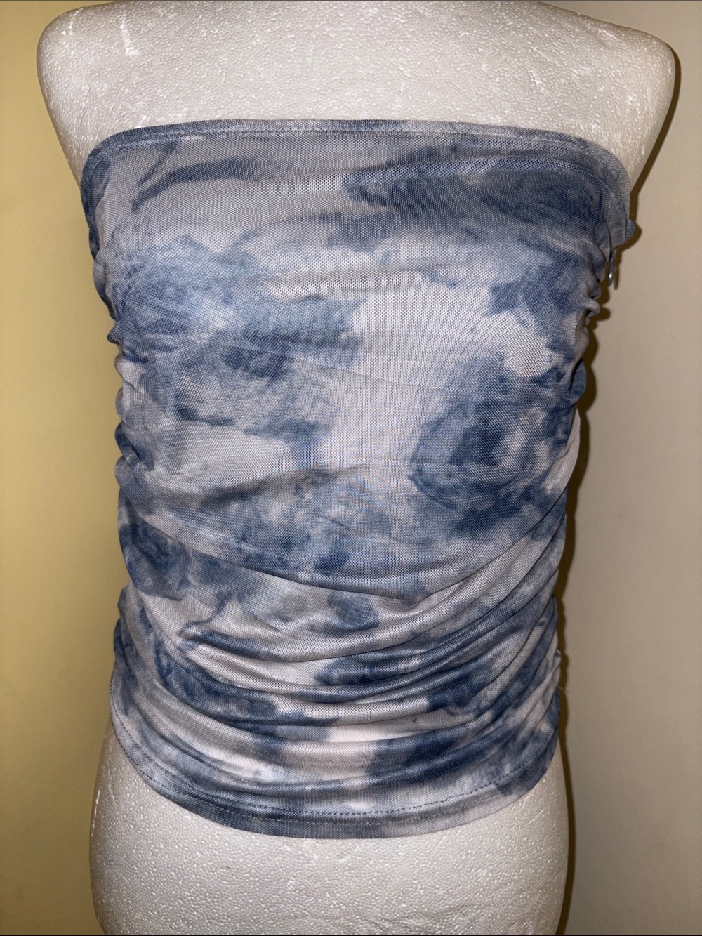 Fashion Nova Blue and White Tie-Dye Strapless Crop Top